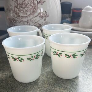 Set of 4 Vintage Corelle by Corning “Holly Days” Milk Glass Mugs